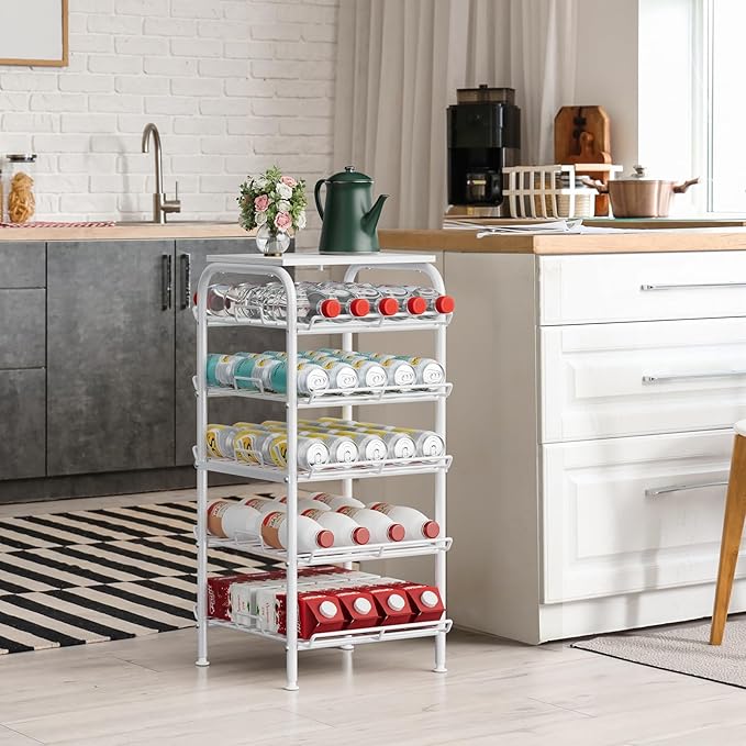 Water Bottle Organizer 5 Tier Free Standing Water Bottle Storage Rack Metal Water Bottle Rack Shelf Large Capacity Bottled Water Holder Beverage Soda Drink Stand for Kitchen Pantry Office,White