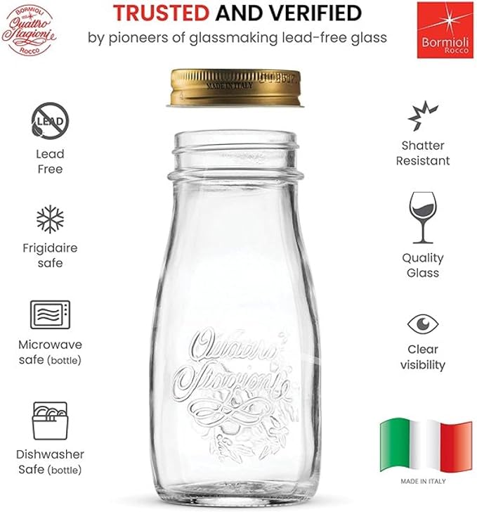 Bormioli Rocco Quattro Stagioni Bottles – 13.5 Oz. Glass Jars with Twist Lids, Microwave & Dishwasher Safe – For Canning, Cocktails, Gifts, Party Favors & Holiday Décor – Made in Italy (Set of 4)