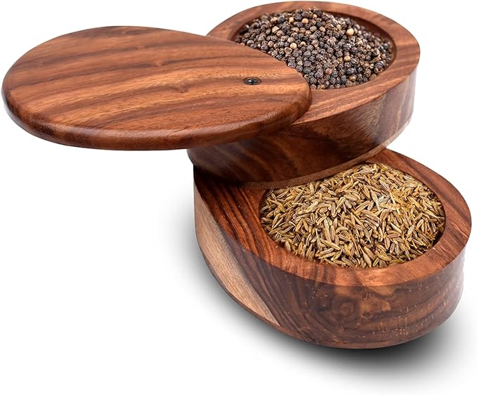 Wooden Salt Box & Pepper Storage Bowls With Swivel Lid Container And Pepper Boxes,Double Swivel Wooden Spice Box/Dabba Racks For Kitchen,Size: 5.75 X 4 X 3.75 Inch,400 Milliliter - Brown