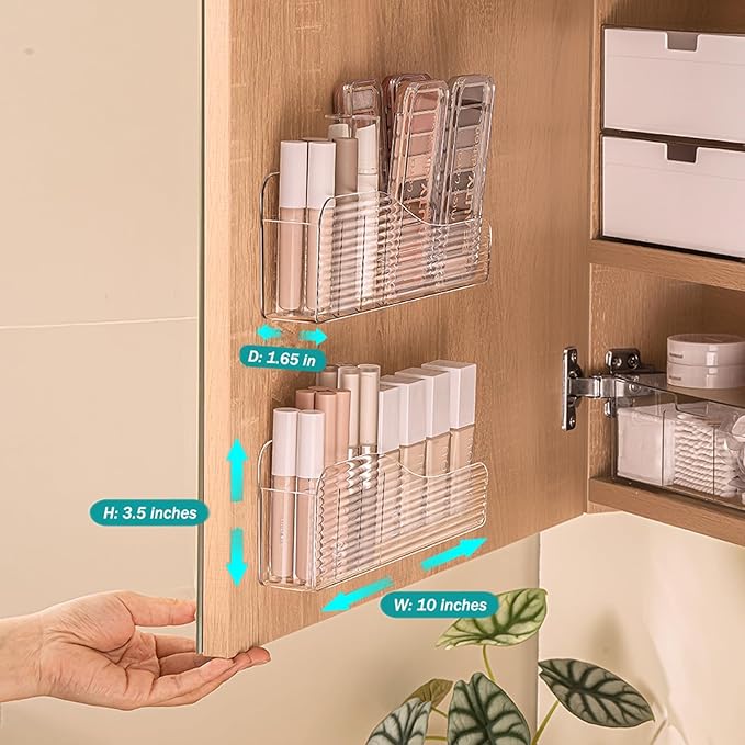 Bathroom Medicine Cabinet Organizer Set, Narrow Compact Makeup Shelves Holder for Lipstick, Cosmetic, 2 Pcs Trays for Cabinet Door Wall, Vanity - Clear