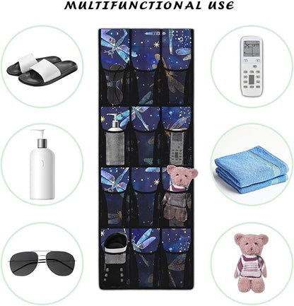 Foldable Over the Door Organizer with 12 Pockets, Storage Hanging Bag Behind the Door, Space Saving Design for Small Spaces, Blue Gold Dragonfly Galaxy