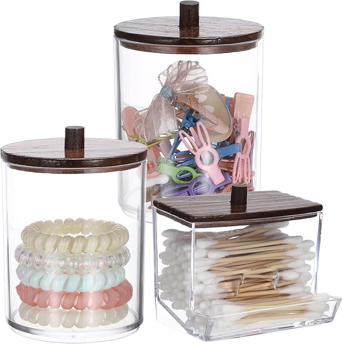 Hipiwe 3 Pack Acrylic Cotton Ball Holder Clear Qtip Holder Bathroom Canister Storage Box with Lid Apothecary Jars Makeup Organizer for Cotton Balls,Swabs,Pads,Brown