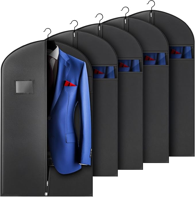 Hleelomi 5 Pack 40-inch Suit Bag Garment Bag for Travel and Storage, Garment Bags for Hanging Clothes with Zipper and Visible Transparent Window, Black