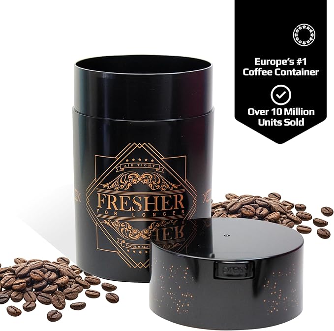 Coffeevac 1LB – Patented Airtight Container | Multi-use Vacuum Container Works as Smell Proof Containers for Ground Coffee and Coffee Bean Containers. Black with Gold Logo