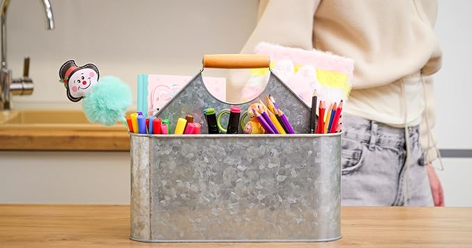 Plexon Metal Utensil Caddy With Handle - Farmhouse Rustic Kitchen Utensil Holder for Party Picnic Table Garden - Tool Cutlery Flatware Silverware Caddy Organizer Storage, Silver