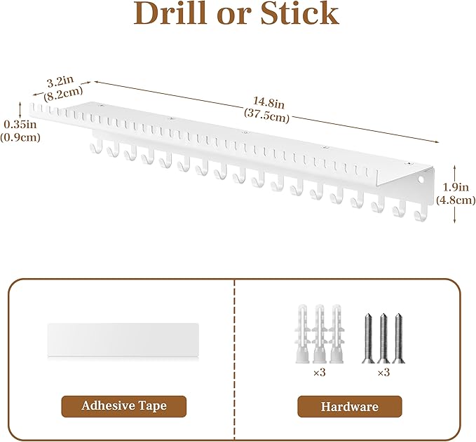 Necklace Holder Wall Hanging Organizer: Wall Mounted Jewelry Shelf with 56 Hooks and Tray, Display Hanger for Kids, Girls and Women, White & Metal