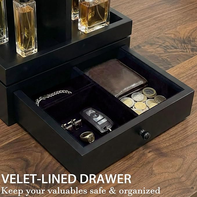 4-Tier Rotating Cologne Organizer with Drawer for Men, Large Capacity Perfume Organizer, Mens Gifts & Desktop Accessories Stand - Spacious for Bottles & Men's Essentials Storage, Modern Black