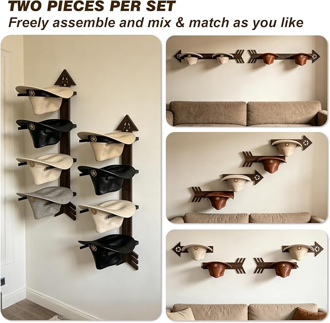 2 Pack Cowboy Hat Rack for Wall – Rustic Cowboy Hat Holder with Arrow Design and 4-Tier Hat Hooks Western Decor Hat Storage– Vintage Cowboy Hanger for Wall