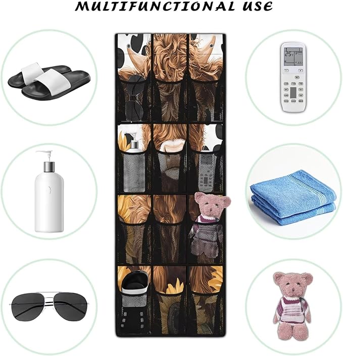 Highland Cattle Behind Door Organizer 12 Pockets Spotted Over The Door Organizer for School Sunflower Multi-Pocket Organizer Space Saving Multi-Funtion Storage Bag for Dorm