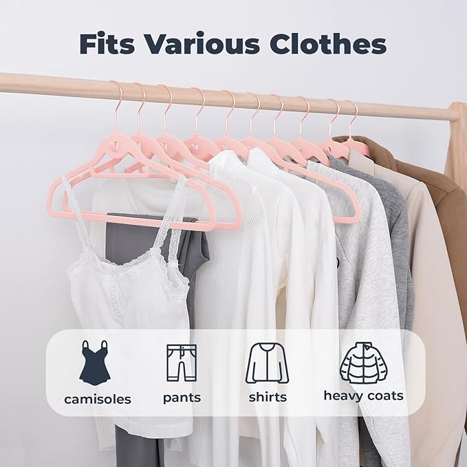 Pink Velvet Hangers 50 Pack, Felt Covered Non Slip Fabric with Stackable Cascading Hook, Ultra Thin and Space Saving with 360° Swivel Neck, 15Lbs Capacity for Clothes, Suit, Shirt, Coat