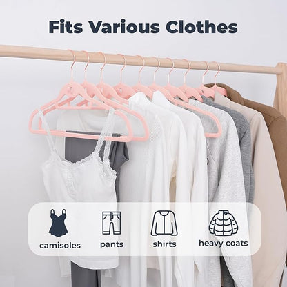 Pink Velvet Hangers 50 Pack, Felt Covered Non Slip Fabric with Stackable Cascading Hook, Ultra Thin and Space Saving with 360° Swivel Neck, 15Lbs Capacity for Clothes, Suit, Shirt, Coat