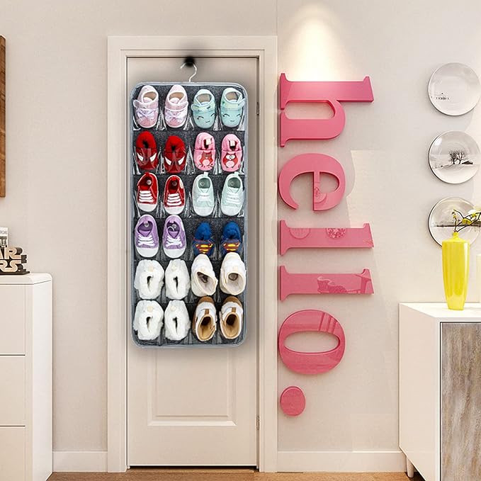 PACMAXI Over The Door Shoes Organizer for 12 Pairs of Baby Shoes Boys Girl, Hanging Baby Sole Shoe Organizer with Hanger(Felt Material-Grey)