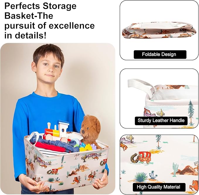 3 Pcs Western Bull Boho Rectangle Storage Basket Collapsible Highland Cow Storage Bin for Nursery Toys Books Waterproof Baskets for Closet Shelves Bedroom Decor(Cow)