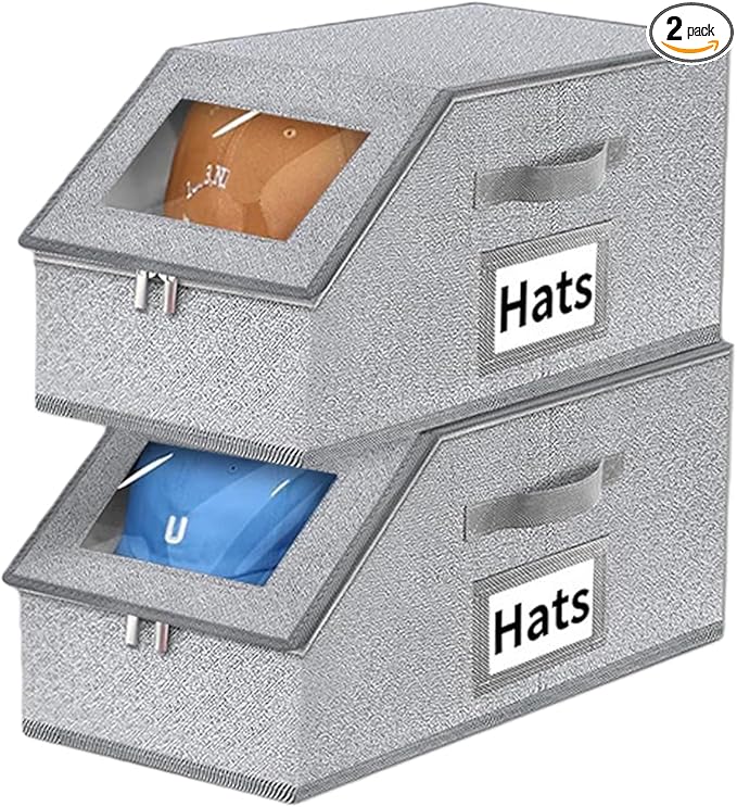 2 Pcs Stackable Hat Storage for Baseball Caps With Breathable Clear Window Lid, Flip-Top Access,Dust-Proof Zipper,Durable Cardboard Base,Space-Saving Cap Box