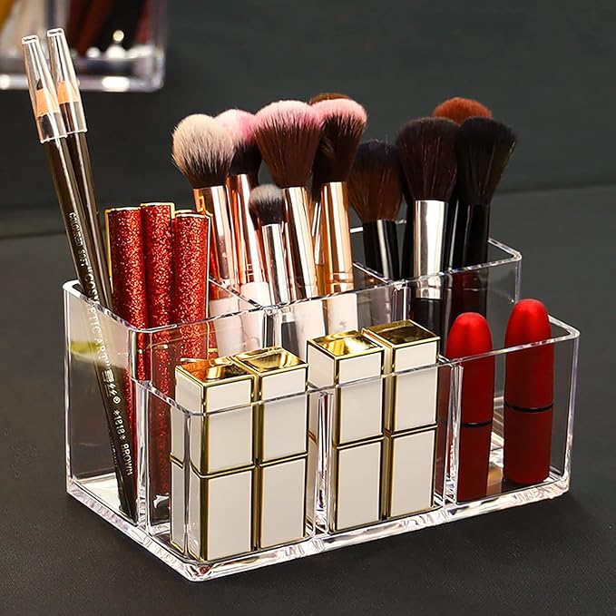 Foraineam 2 Pack Acrylic Makeup Brushes Holder with 6 Slots, Clear Pen Pencil Organizer Desktop Stationery Storage Container, Vanity Cosmetic Eyeliners Eyebrow Pencil Display Case