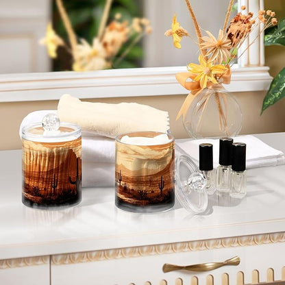 4 Pack Apothecary Jars Bathroom Vintage Western Cowboy Qtip Holder Dispenser Clear Plastic Storage Canister Jar with Lid for Cotton Ball, Cotton Swab