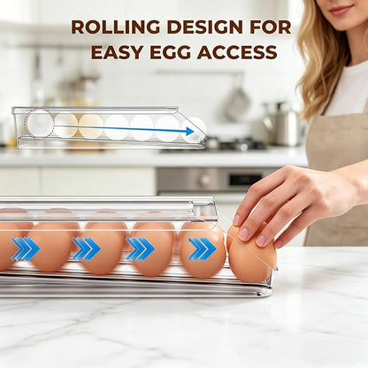 Egg Holder for Fridge,Automatic Rolling Egg Container for Refrigerator,2 Pack Clear Stackable 28-Count Egg Organizer with Lid, Fridge Organizers and Storage