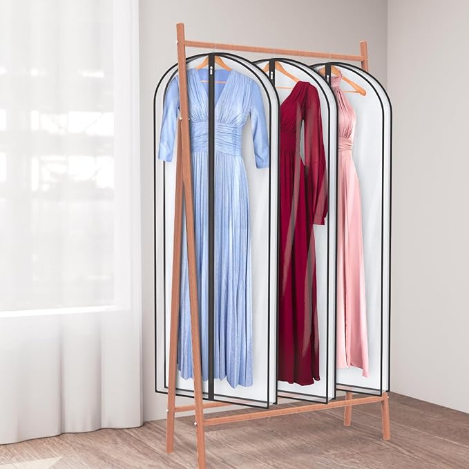 Univivi Dress Bags for Gowns, 65″ Clear Garment Bags for Hanging Clothes, 4″ Gusseted Long Dress Garment Bag for Closet Storage, 3-Pack