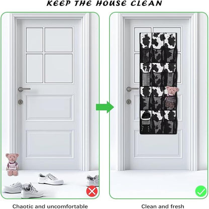 White and Black Cowhide Door Hanging Shoe Organizer 12 Pockets Behind Door Organizer for Bathroom Easy to Install Wall Hanging Storage for Office Large Capacity Multi-Funtion Storage Bag
