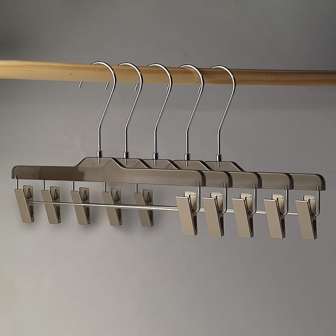 Acrylic Clip-Hangers Black for Pants, Skirts and Shorts with 360 Degree Silver/Golden Hook | Space Saving & Non-Slip | 5 Pack