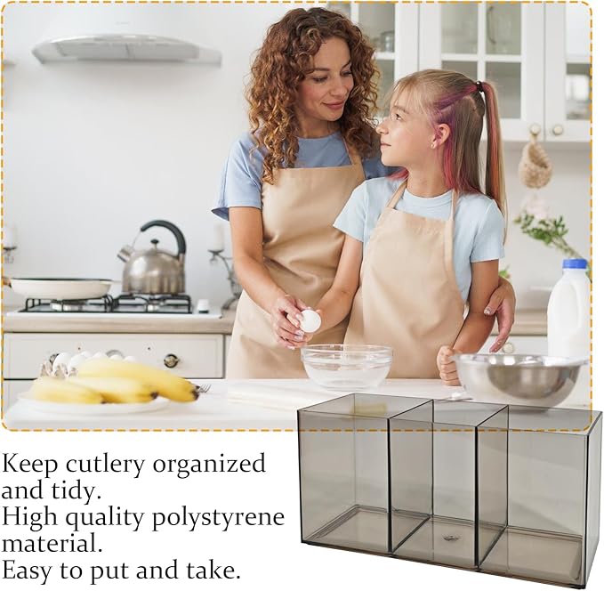 Acrylic Cutlery Organizer, 3-Sectio Clear Plastic Utensil Storage Caddy for Kitchen Countertop, Holds Forks, Knives & Spoons (Transparent gray, 7.1 * 2.6 * 3.5In)