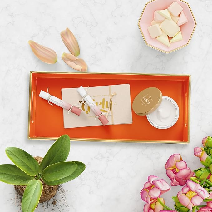 Orange Bathroom Vanity Tray for Countertop, Small Plastic Toilet Tank Versatile Storage & Organization Tray for Makeup, Perfume, Desk, Kitchen, Candles, 13.7"x6"x1.4", 35O