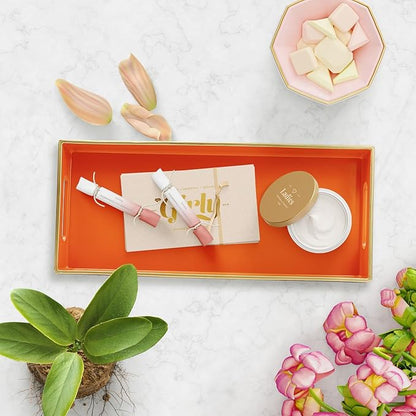 Orange Bathroom Vanity Tray for Countertop, Small Plastic Toilet Tank Versatile Storage & Organization Tray for Makeup, Perfume, Desk, Kitchen, Candles, 13.7"x6"x1.4", 35O