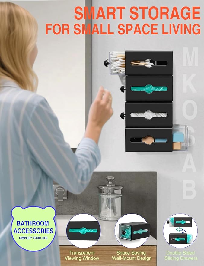 Qtip Holder for Bathroom Wall Organizer – Bathroom Decor, Dorm Room Essential, Small Q-tip Dispenser for Cotton Swabs, Balls, Pads, Floss Picks – Office Storage, Vanity Makeup Organizer(6 Pcs)