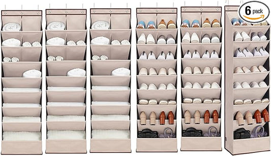 6 Pack Shoe Organizer with 6 Extra Large Pockets and 4 Large Pocket, Over the Door Sturdy Closet Storage Rack, Hanging Shoe Organizer for Shoes, Sneakers, Beige