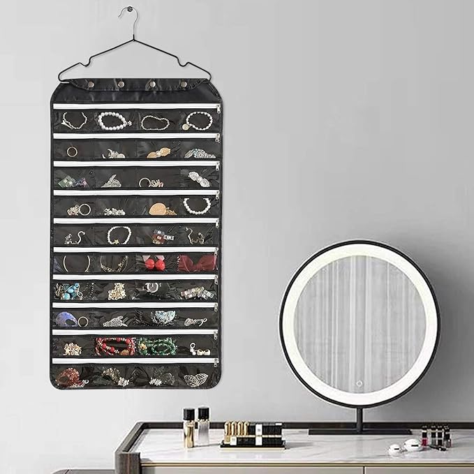 BB Brotrade Hanging Jewelry Organizer with Oxford Double Side 80 Zippered Storage Pocket (black)