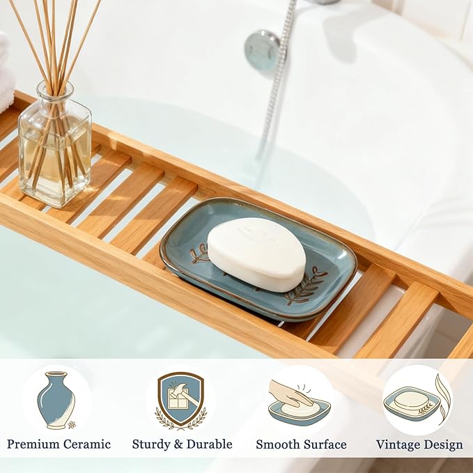 HighHerz Aesthetic Ceramic Soap Dish for Shower, Soap Holder with Raised Relief, Shower Soap Dish for Shampoo Bar Or Sponge, Soap Saver for Bathroom, Kitchen, Sink, Decorative Soap Tray (Blue)