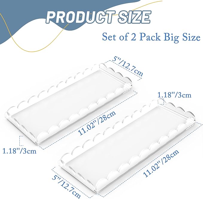 2 Pack Scalloped Acrylic Tray for Bathroom Clear Bathroom Trays for Counter Bathroom Toilet Tank Tray Organizer for Perfume, Soap, Towels, Tissue, Candle Decor Total 2PCS(Large: 11" L x 5" W, 2Pack)