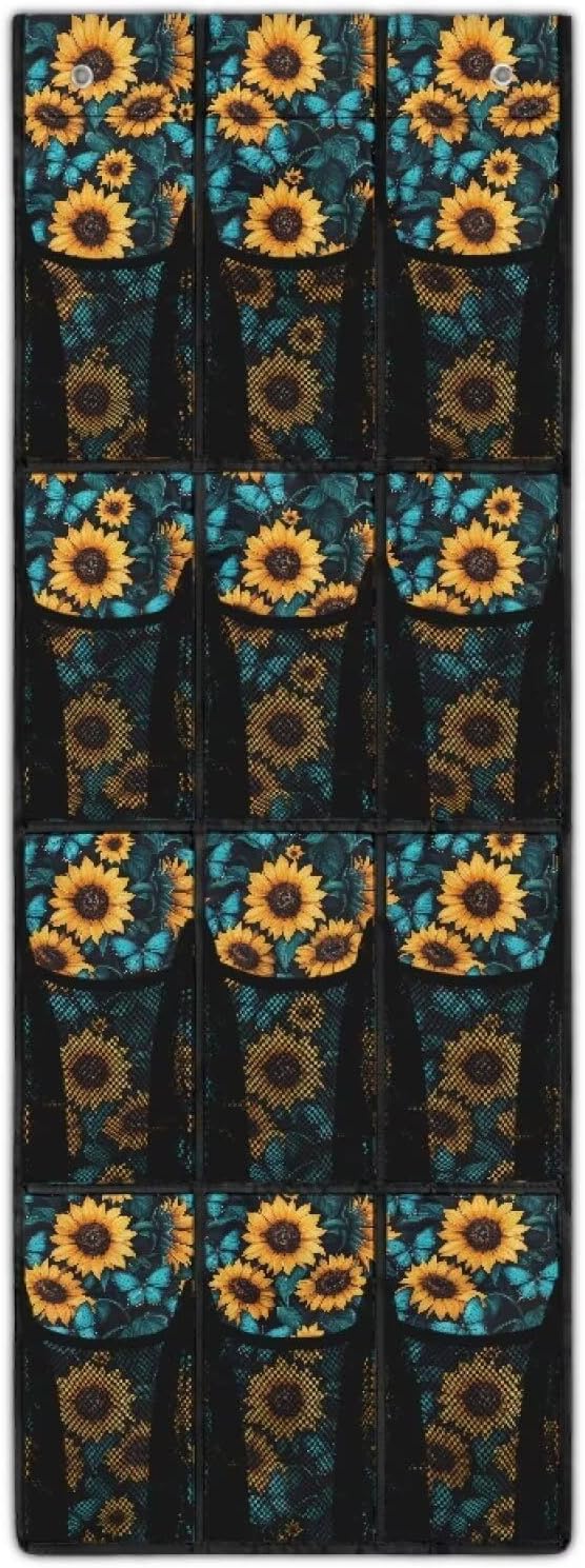 Sunflower Print Over the Door Shoe Organizer,Shoe Organizer Door Hanger with 12 Mesh Large Pockets,Space Saver,Storage for Small Spaces