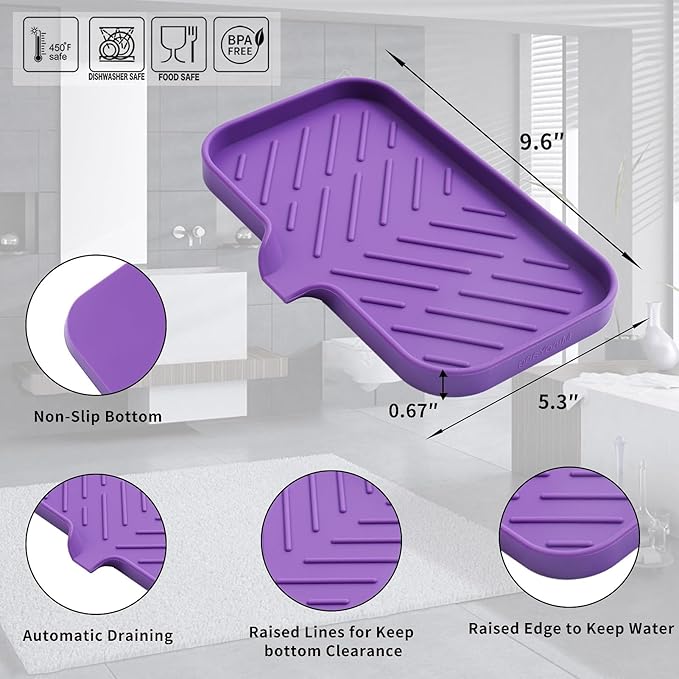 MicoYang Silicone Bathroom Soap Dishes with Drain Spout-Bathroom and Kitchen Sink Organizer,Sponge Holder,Dish Soap Tray,Perfect for Dispenser,Scrubber,Bottle,Cup on Sink or Counter-Purple 9.6"×5.3"