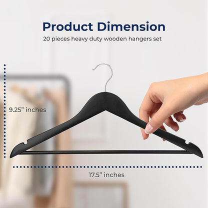 SereneLife 20-Pack Premium Wooden Hangers for Suits, Coats, Dresses & More – Heavy-Duty Black Wood Hanger Set with 360° Swivel Chrome Hook, Non-Slip Notches & Pants Bar – Space-Saving Closet Organizer