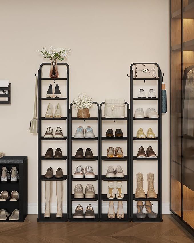 Hzuaneri 8 Tiers Vertical Shoe Rack, Narrow Shoe Tower, Tall Shoes Shelf with 2 Hooks, Adjustable Shelves, Corner Shoes Shelves for Small Spaces, Entryway, Living Room, Black SR04304B