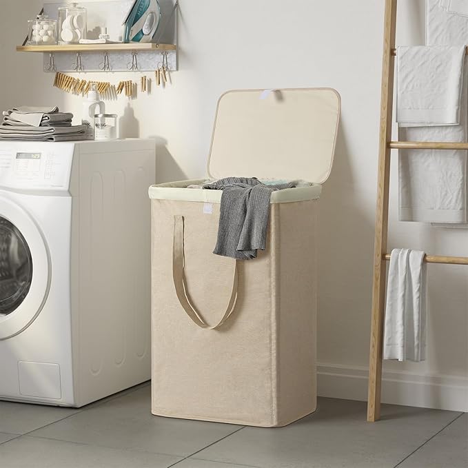 WOWLIVE 100L Laundry Hamper with Lid, Large Foldbale Laundry Basket with 2 Removable Bags and Handles, Tall Collapsible Dirty Clothes Hamper for Laundry Room, Bathroom, Dorm (Wheat)