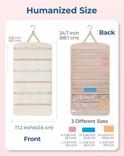 BAGSMART Hanging Jewelry Organizer, Necklace Holder Anti-tangle Earrings Rings Hanger with Pockets Hang on Closet, Wall, Door,1 Piece, Extra Large Beige