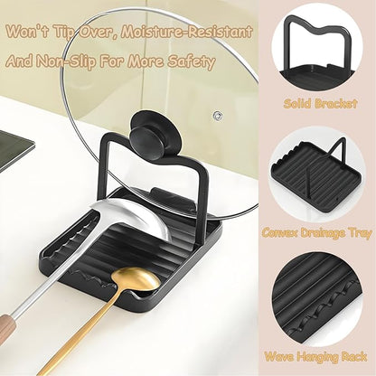 Spoon Rest with Lid Holder, Stainless Steel Lid Holder While Cooking & Organizer with Detachable Drain Tray, Anti-Rust Countertop Space Saver for Spoons, Spatulas (Black)