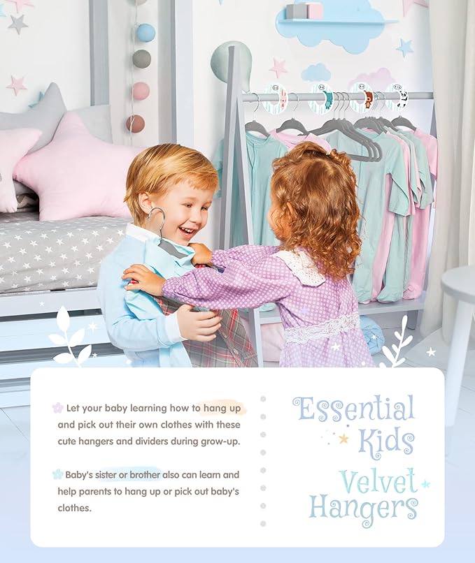 VIS'V Baby Hangers, 11 Inch Velvet Kids Hangers with 6 Pcs Clothes Size Dividers, Infant Toddler Nursery Closet Organization, Non Slip, Gray, 30 Pcs