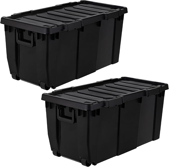 IRIS USA 32 Gallon Heavy Duty Rolling Storage Bin with Lid, 2 Pack Extra Large Stackable Industrial Tote, Lockable Container with Wheels and Secure Latches for Garage, Basement, Camping, Tools, Truck