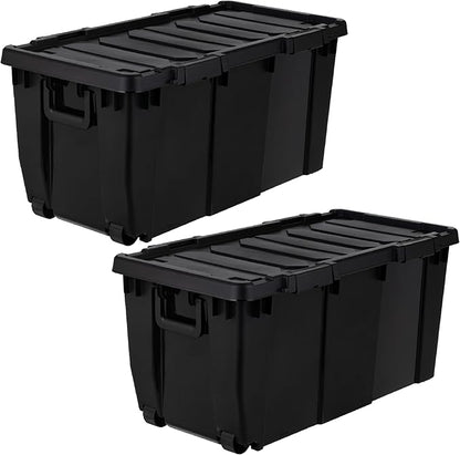 IRIS USA 32 Gallon Heavy Duty Rolling Storage Bin with Lid, 2 Pack Extra Large Stackable Industrial Tote, Lockable Container with Wheels and Secure Latches for Garage, Basement, Camping, Tools, Truck