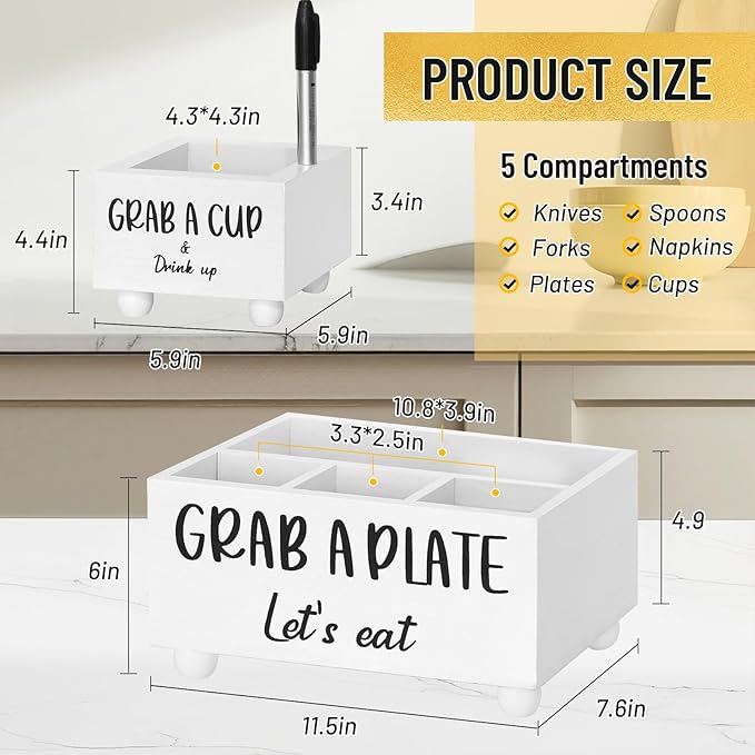 Paper Plate Dispenser and Holder for Kitchen Counter,Multi Utensil Caddy with Large Cup Holder,Paper Plate Organizer for Countertop,Cutlery Flatware Napkin Silverware Holder for Party,Kitchen