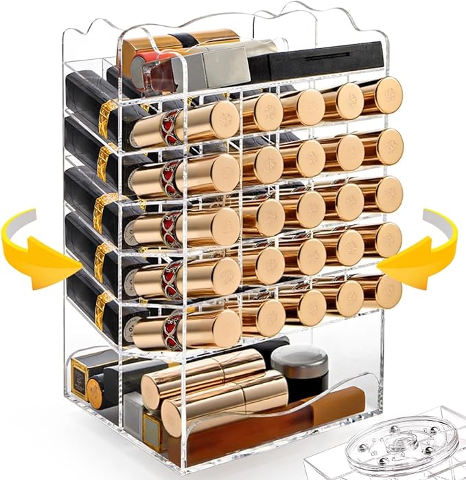 Tlence 54 Slots Acrylic Rotating Lipstick Organizer, 7 Tier Spinning Lipgloss Tower Holder, Clear Cosmetic Display Case, Rotable Lip Stick Display Rack Stand for Lip Gloss, Makeup Accessory, Lip Balm