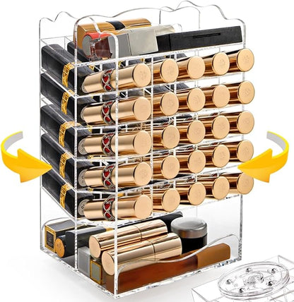 Tlence 54 Slots Acrylic Rotating Lipstick Organizer, 7 Tier Spinning Lipgloss Tower Holder, Clear Cosmetic Display Case, Rotable Lip Stick Display Rack Stand for Lip Gloss, Makeup Accessory, Lip Balm