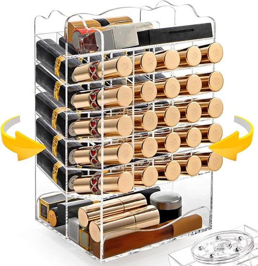 Tlence 54 Slots Acrylic Rotating Lipstick Organizer, 7 Tier Spinning Lipgloss Tower Holder, Clear Cosmetic Display Case, Rotable Lip Stick Display Rack Stand for Lip Gloss, Makeup Accessory, Lip Balm