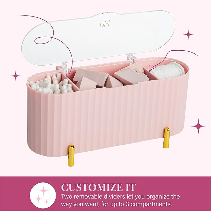 Paris Hilton Makeup & Storage Organizer with Lid, Customizable 3-Compartment Tray, Elegant Ribbed Design, Compact & Durable, Pink