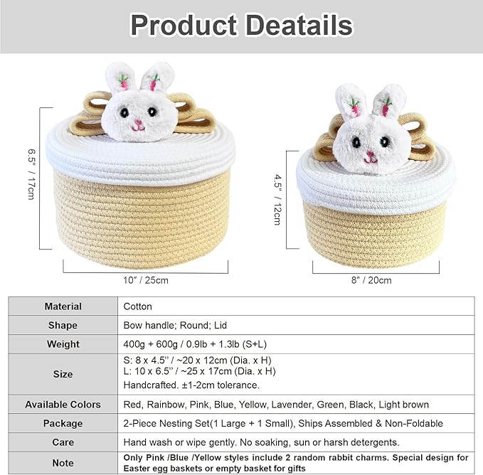 Cute Storage Baskets with Lids, Small Round Woven Rope Basket with Lid, Small Toy Box for Kids or Cat, Cute Basket for Gift, Decorative Basket with Chic Bow Handle, yellow