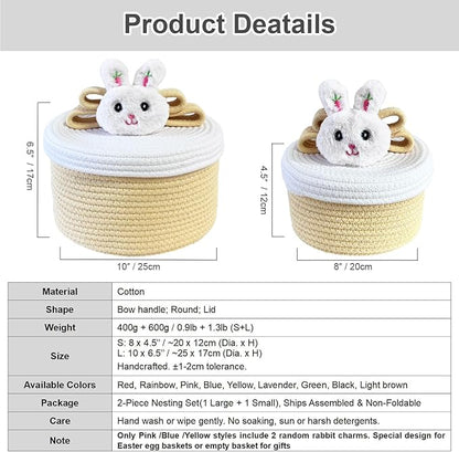 Cute Storage Baskets with Lids, Small Round Woven Rope Basket with Lid, Small Toy Box for Kids or Cat, Cute Basket for Gift, Decorative Basket with Chic Bow Handle, yellow
