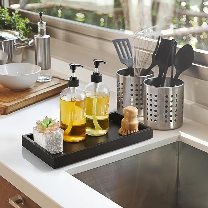 ALELION 13" Bathroom Vanity Tray for Counter - Black Wood Tray for Toilet Tank Makeup Perfume Jewelry Catchall Coffee Table - Wooden Kitchen Countertop Organizer for Soap Dispenser